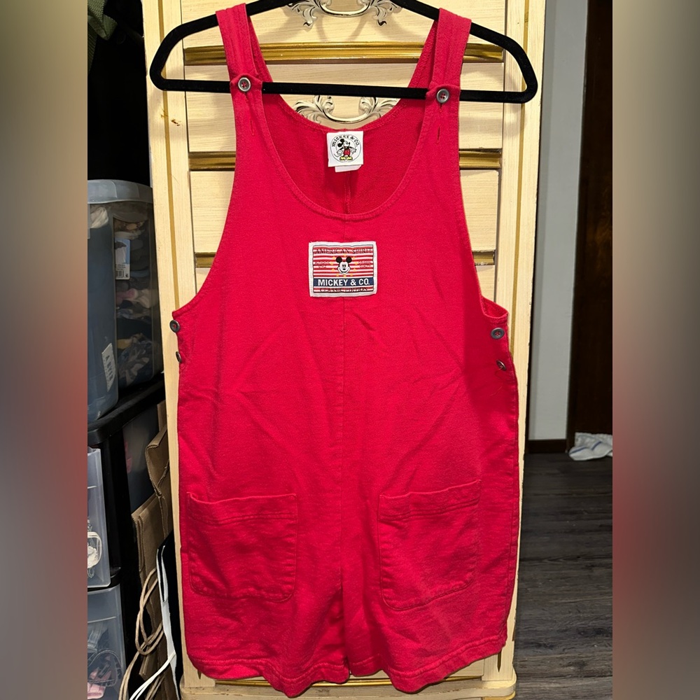 Vintage Disney Mickey Mouse Classic Vibrant Red Cotton Button Shorts Overalls